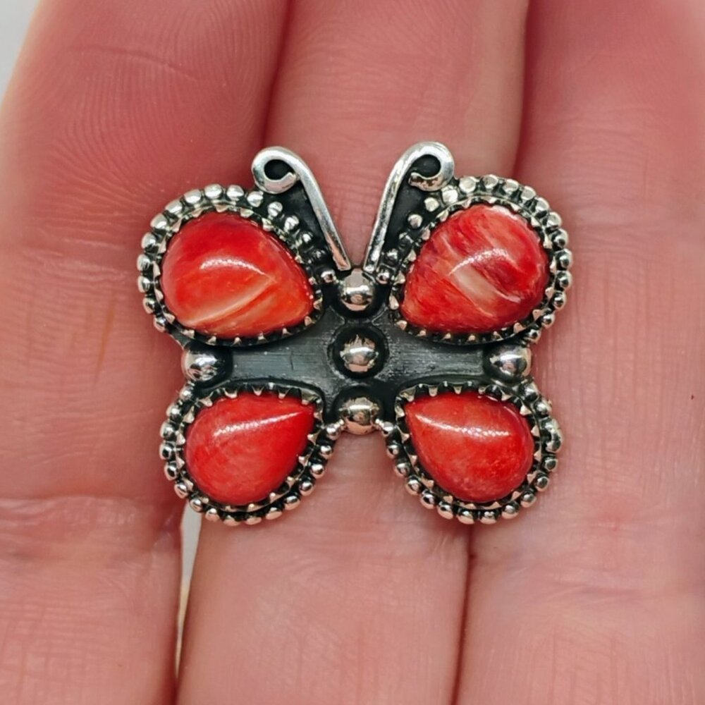Southwest Sterling Silver Orange Spiny Oyster Shell Butterfly Ring Size 7